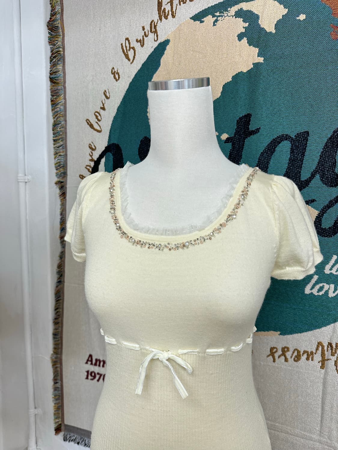 일본빈티지 FEROUX 울 100% 비즈 디테일 반팔 니트 탑 상품이미지6