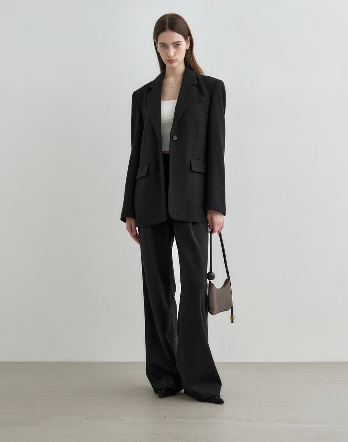 (택O/새상품) 몽돌 원 턱 와이드 슬랙스 블랙 S 상품이미지4