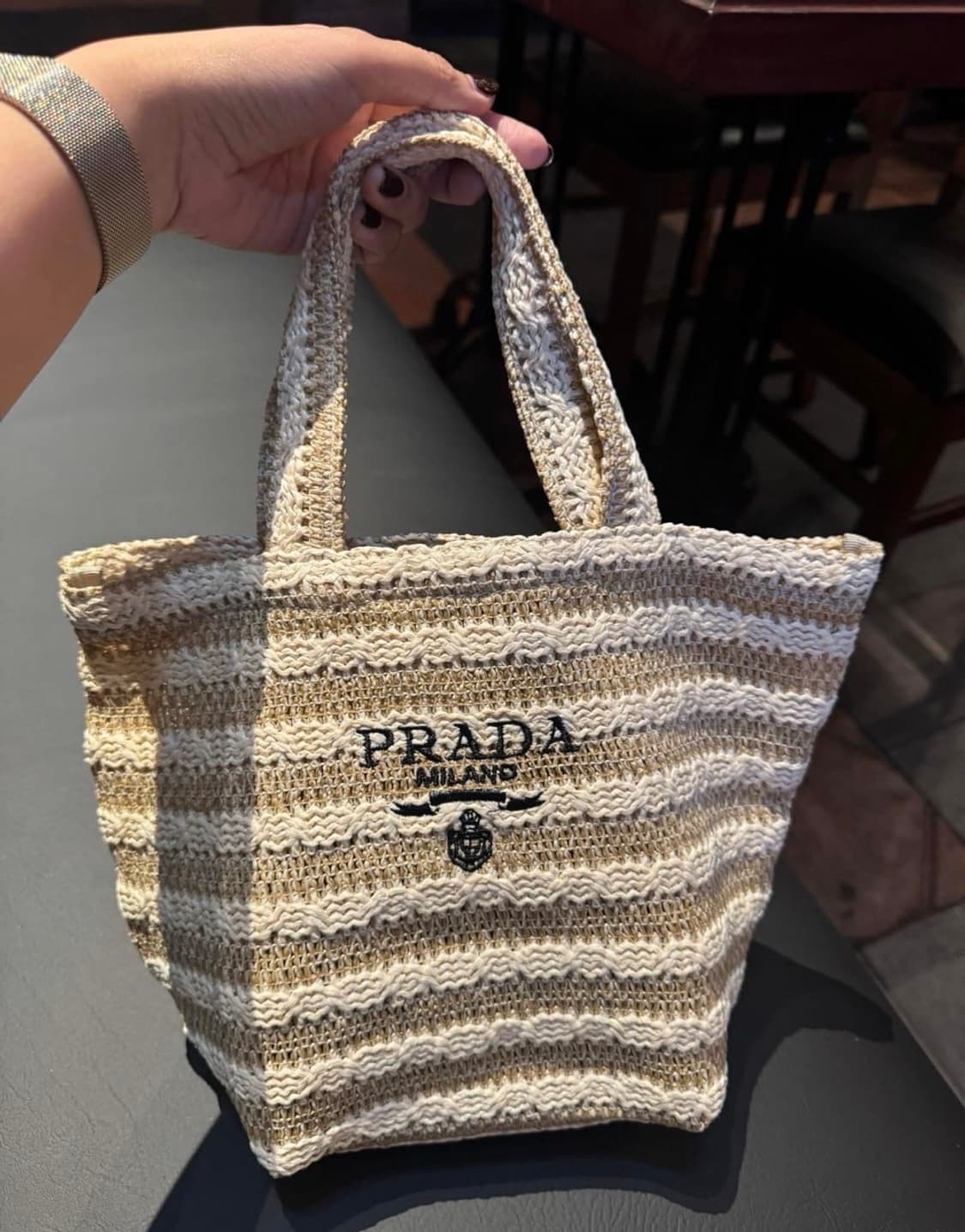 프라다뷰티 르옴므 스트라이프 베이지 라피아백  상품이미지5