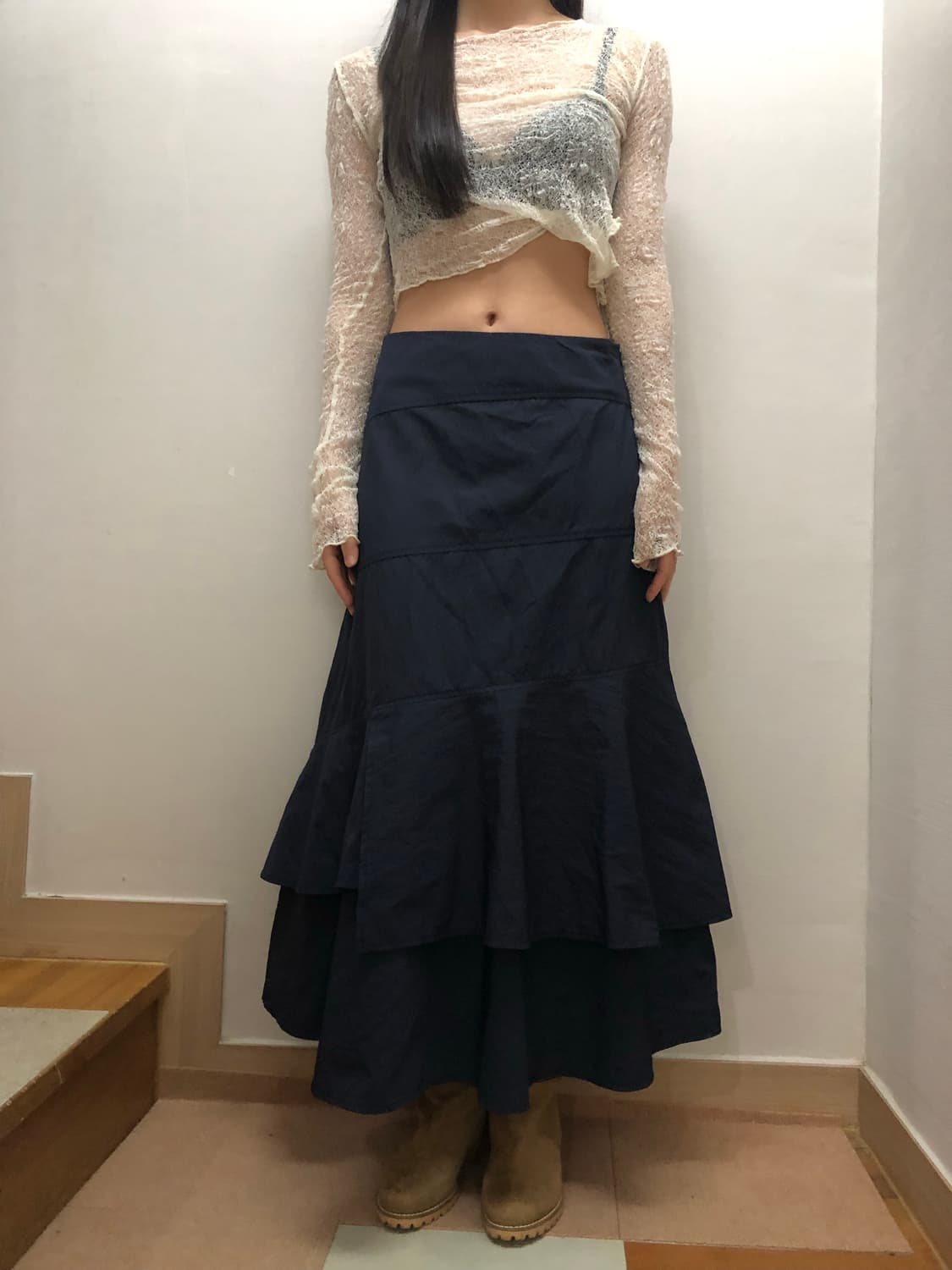 빈티지 네이비 러플 롱 스커트 상품이미지4