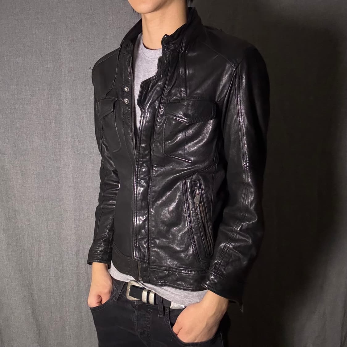 블랙 레더 양가죽 라이더 자켓 상품이미지3
