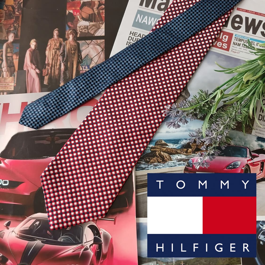타미 힐피거 실크 레드 체크 넥타이 9.4cm A+등급 A18892
 상품이미지1