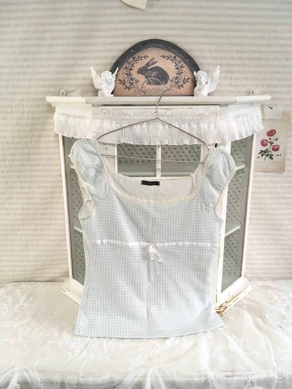 빈티지 핀터 로걀 민트 체크 오프숄더 블라우스 상품이미지5