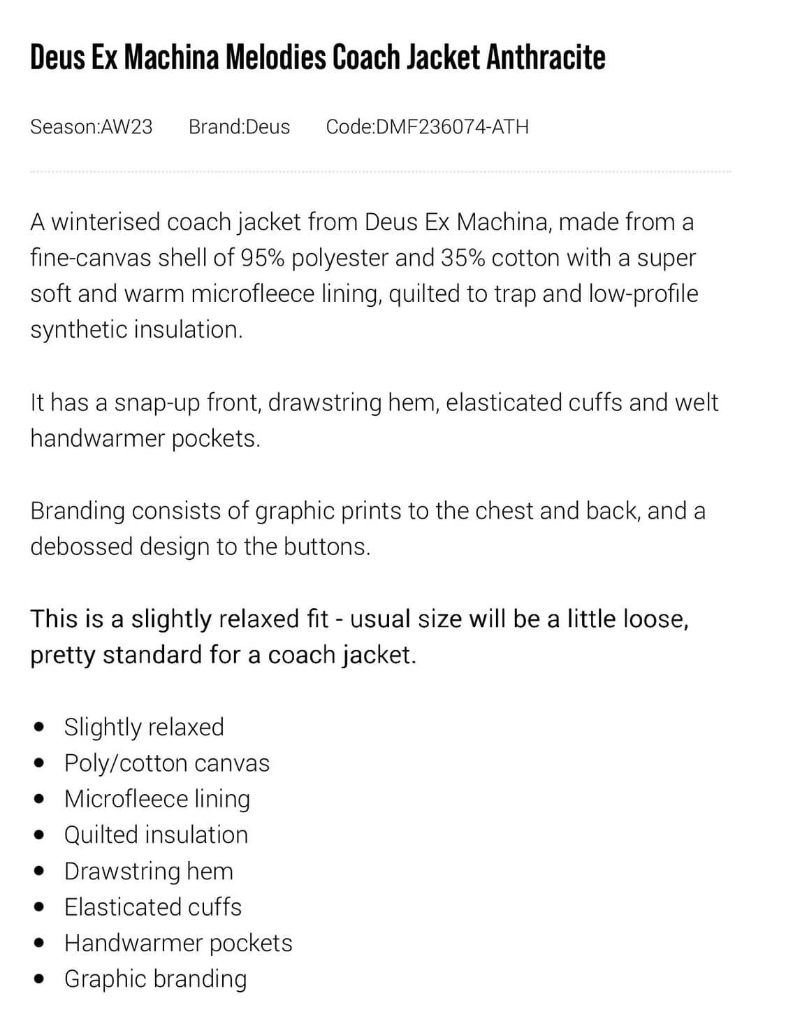 데우스 엑스 마키나 멜로디 코치 자켓 앤트러사이트 (XL,새상품) 상품이미지10