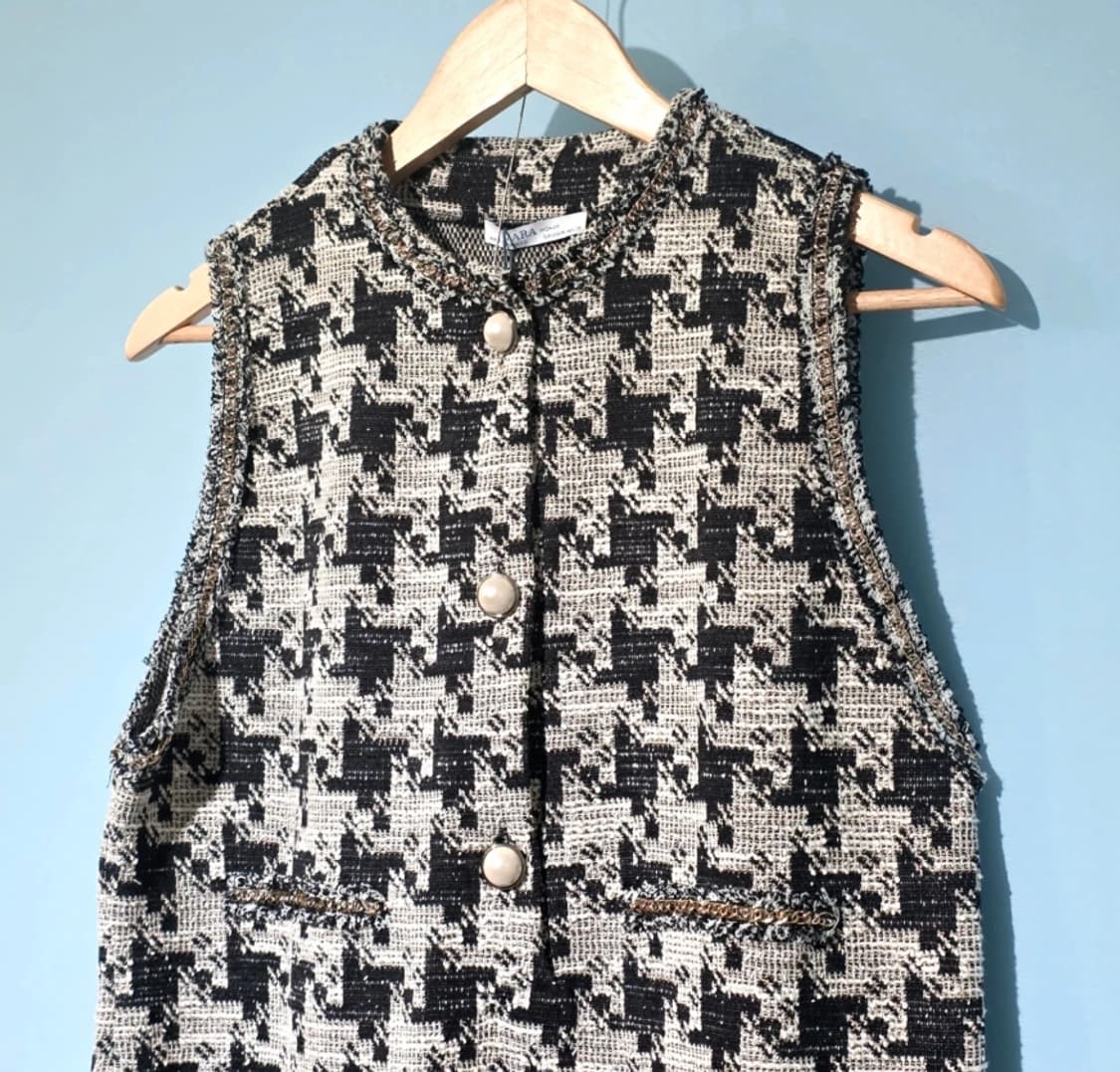 [새상품] ZARA 진주 버튼 하운드투스 체크 트위드 원피스 55 상품이미지5