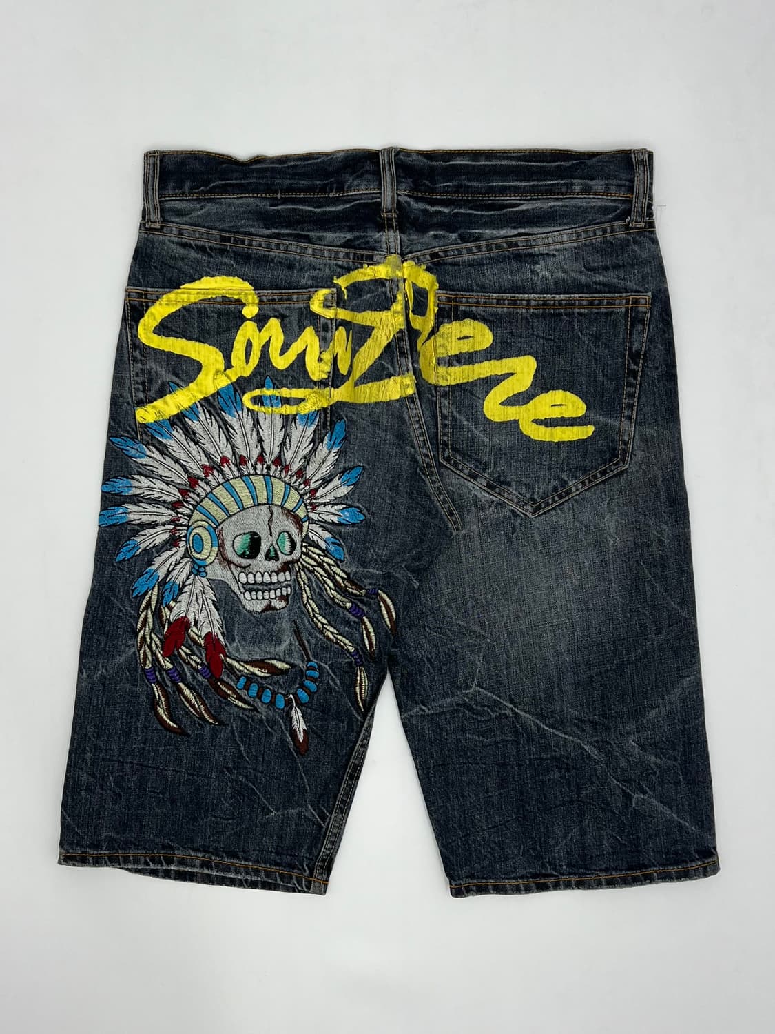 빈티지 인디언 스컬 자수 데님숏츠 상품이미지1