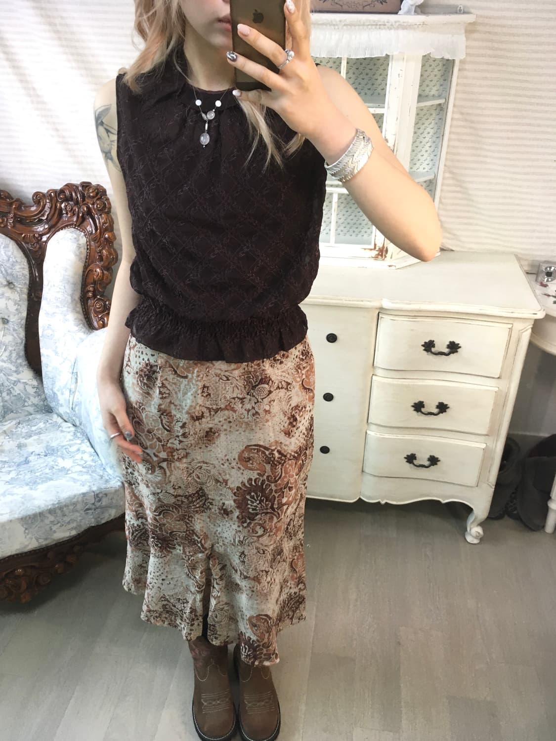 brown lace shirring sheer blouse 상품이미지2