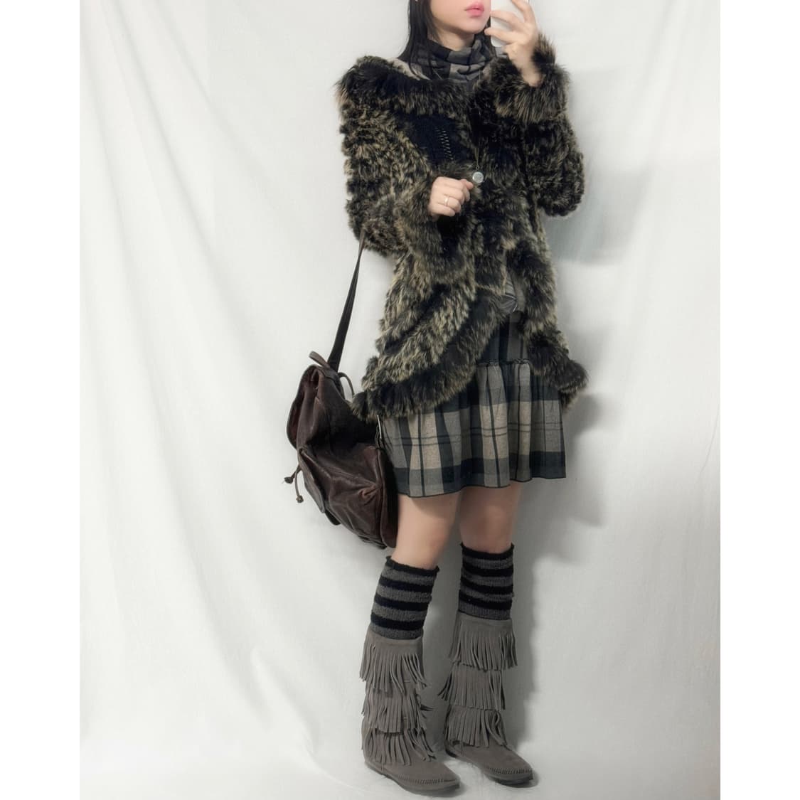 래빗/폭스 퍼 트리밍 울 니트 코트 상품이미지1