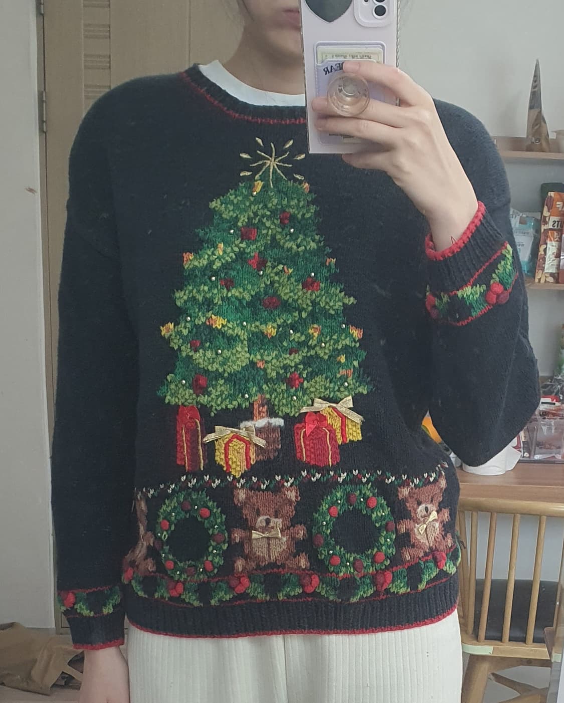 빈티지 핸드메이드 핸드니트 크리스마스 곰돌이 테디베어 니트 스웨터 상품이미지5