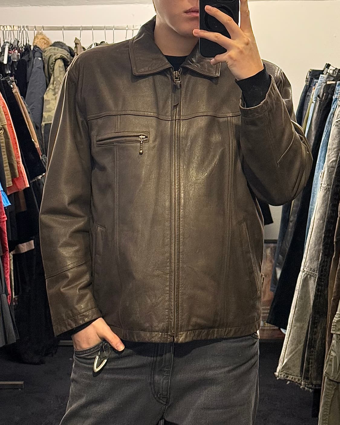 IVY HOUSE 소가죽 레더 바이커 라이더 브라운 집업 코치 자켓 봄버 상품이미지1