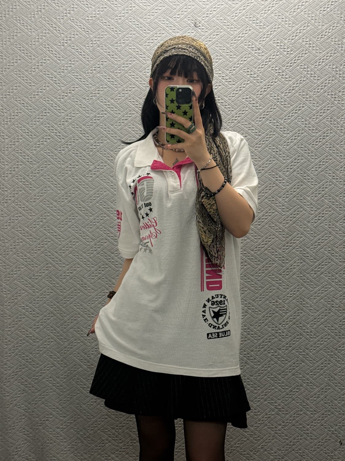 Y2K 올드스쿨 레트로 갸루 키치 글리터 프린팅 카라 반팔티 K0268 상품이미지2