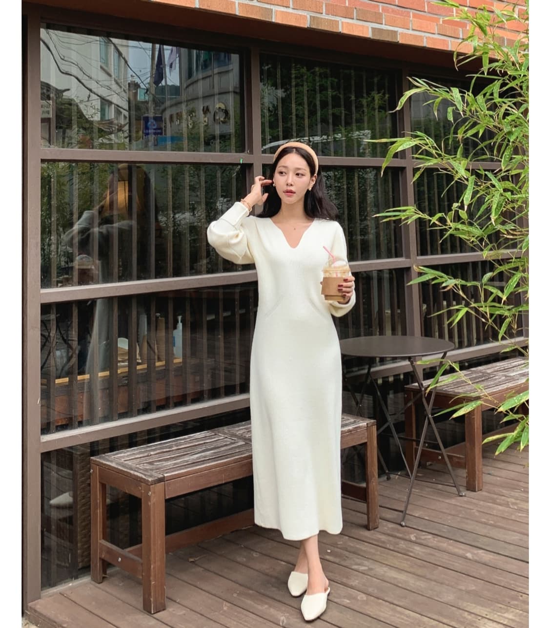 브이넥 니트 롱 원피스 상품이미지2