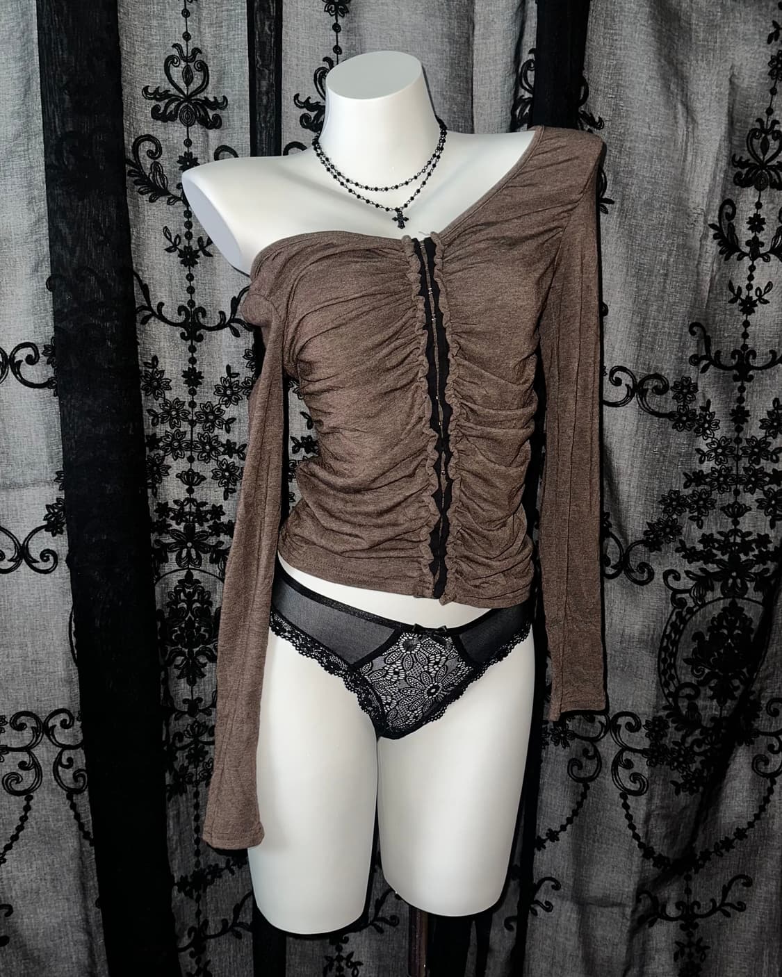 Brown Ruched Long Sleeve Top 상품이미지1
