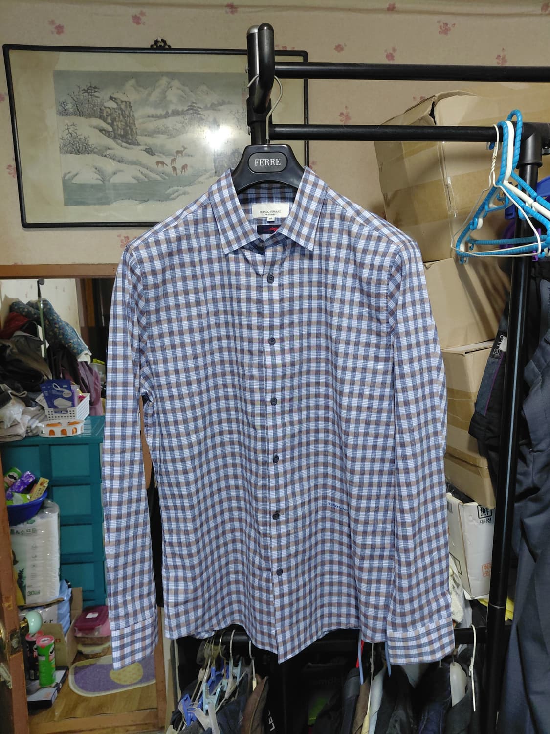 [프랑코페라로]여름용 면,마 혼방 체크셔츠 105사이즈 상품이미지3