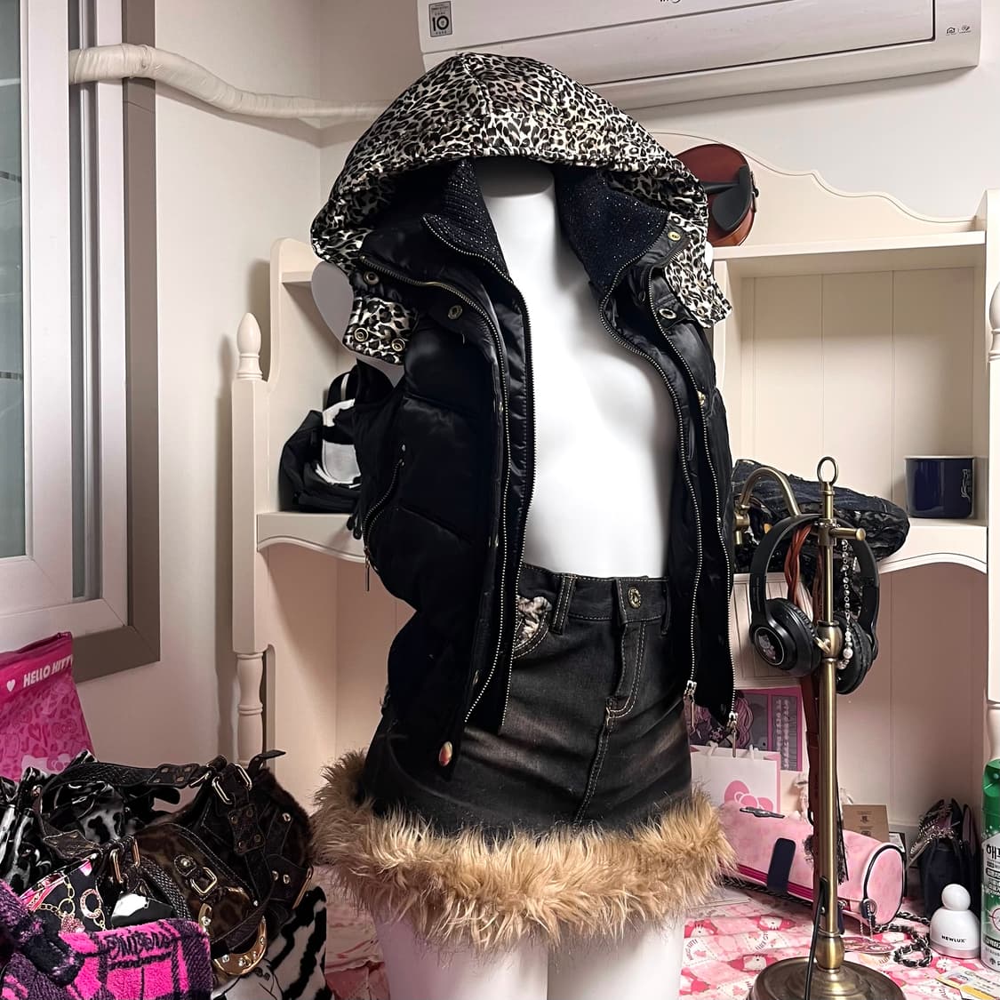 오네갸루 대장 레오파드 큐빅스톤 펄 패딩 조끼 나나y2k 핀터00s빈티지 상품이미지3