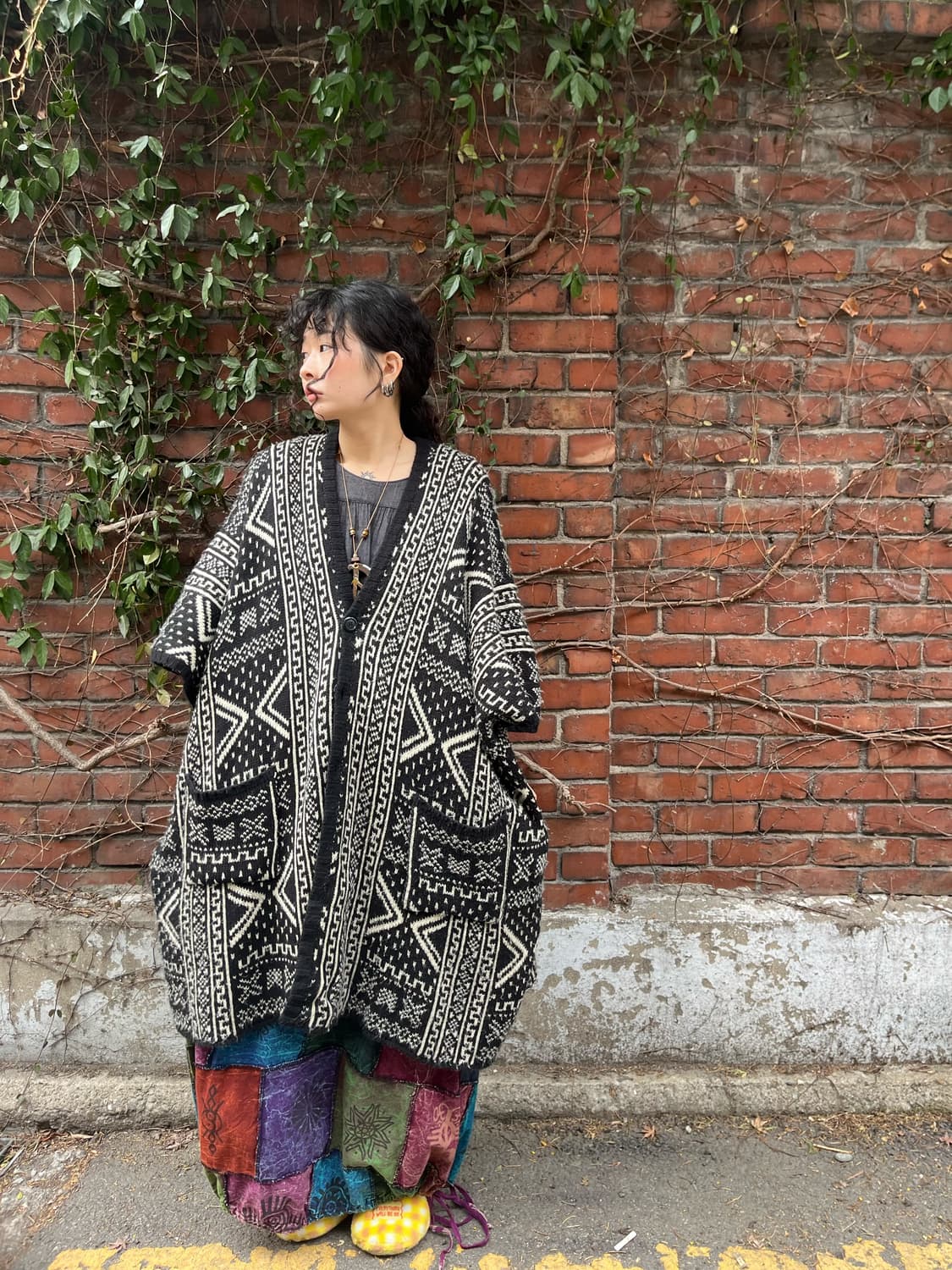 블랙 히피패턴 롱 케이프 니트 가디건 상품이미지1