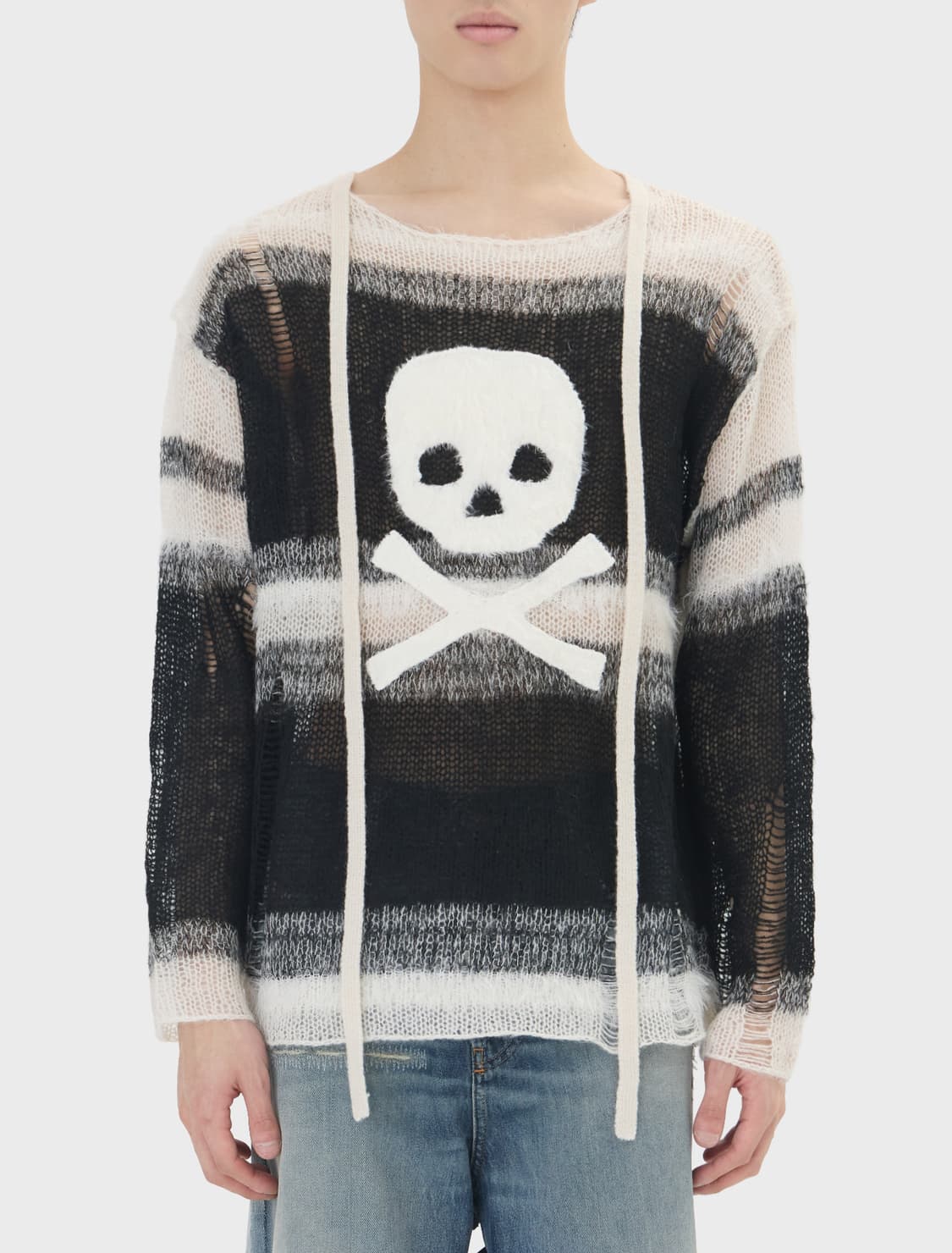 히스테릭 글래머 스컬 아플리케 크러쉬드 스트라이프 스웨터 화이트 상품이미지1