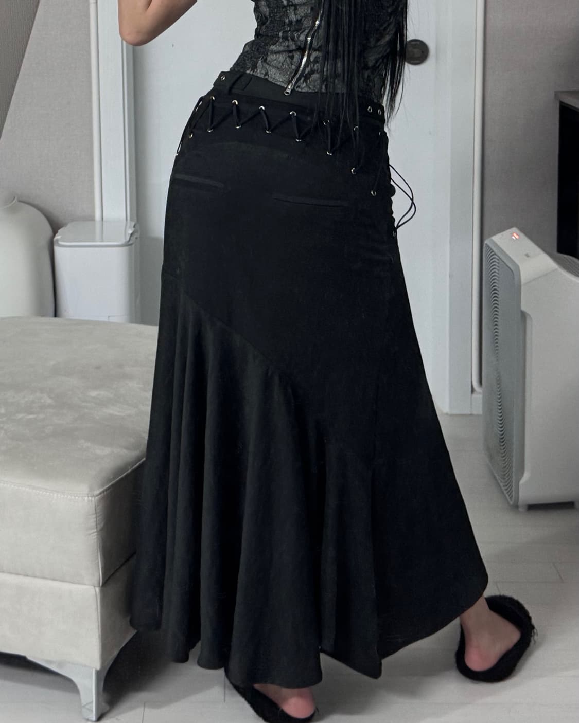 ༒ Eyelet Stitching Strap Pleated Skirt 상품이미지3