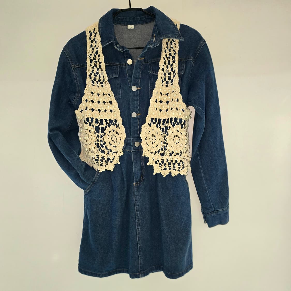 데님 원피스 + 뜨개 조끼 세트 S 상품이미지4