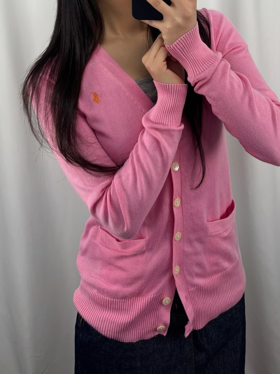 폴로 피마 코튼 핑크 브이넥 가디건 상품이미지1