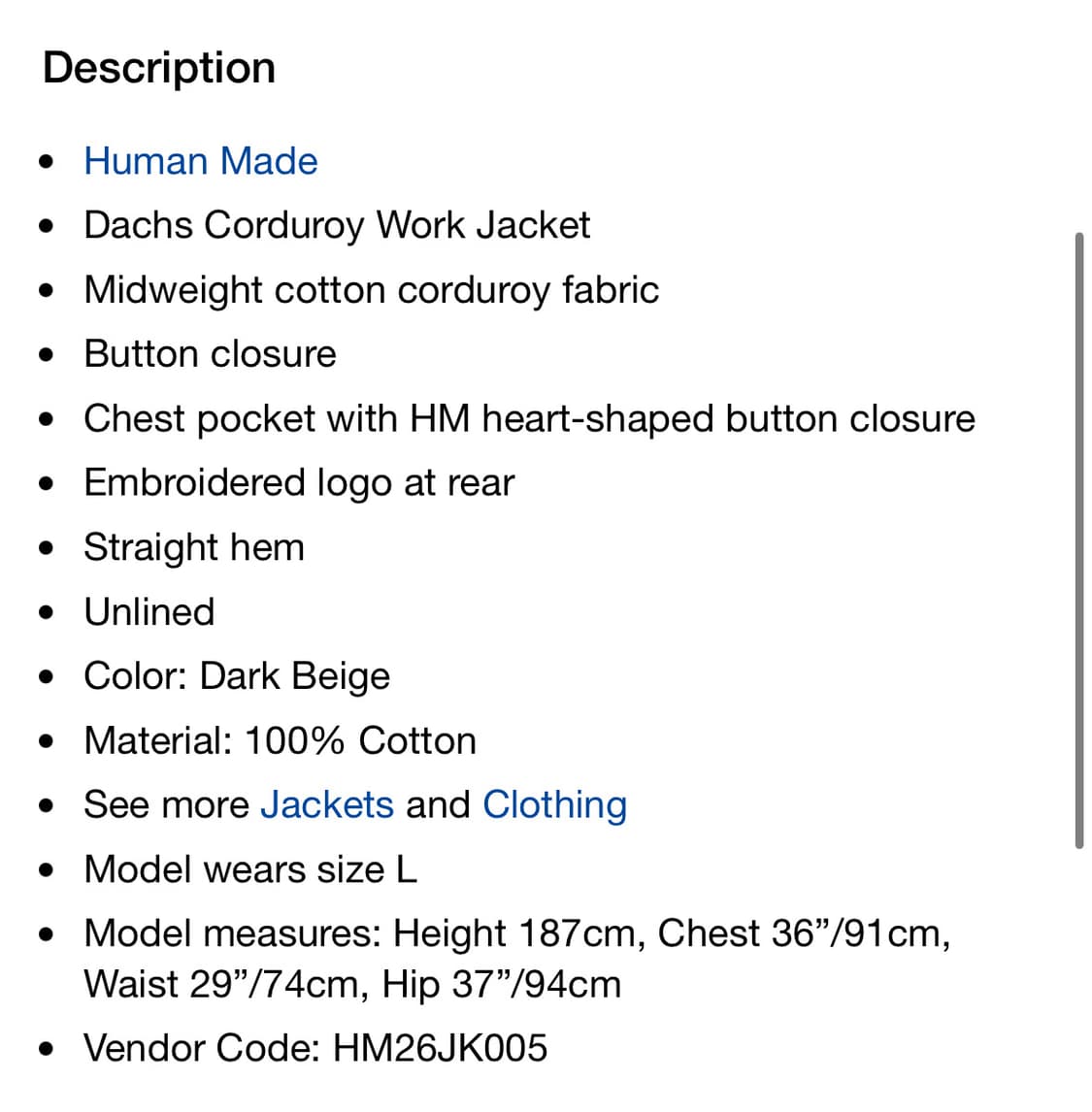 휴먼메이드 코듀로이 트러커 자켓 M 상품이미지10