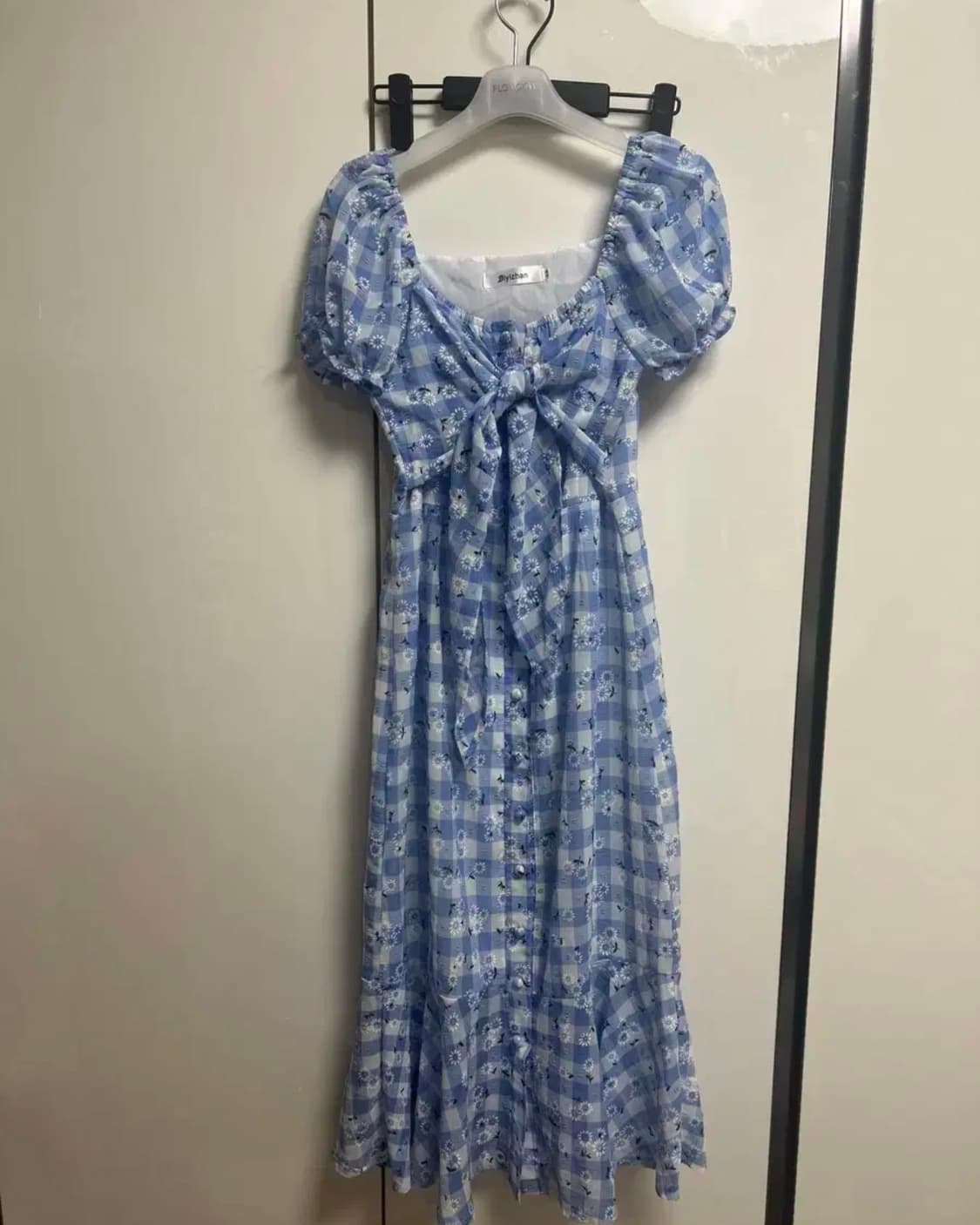 블루 체크 데이지 포인트 여름원피스 퍼프소매 휴양지원피스 상품이미지5