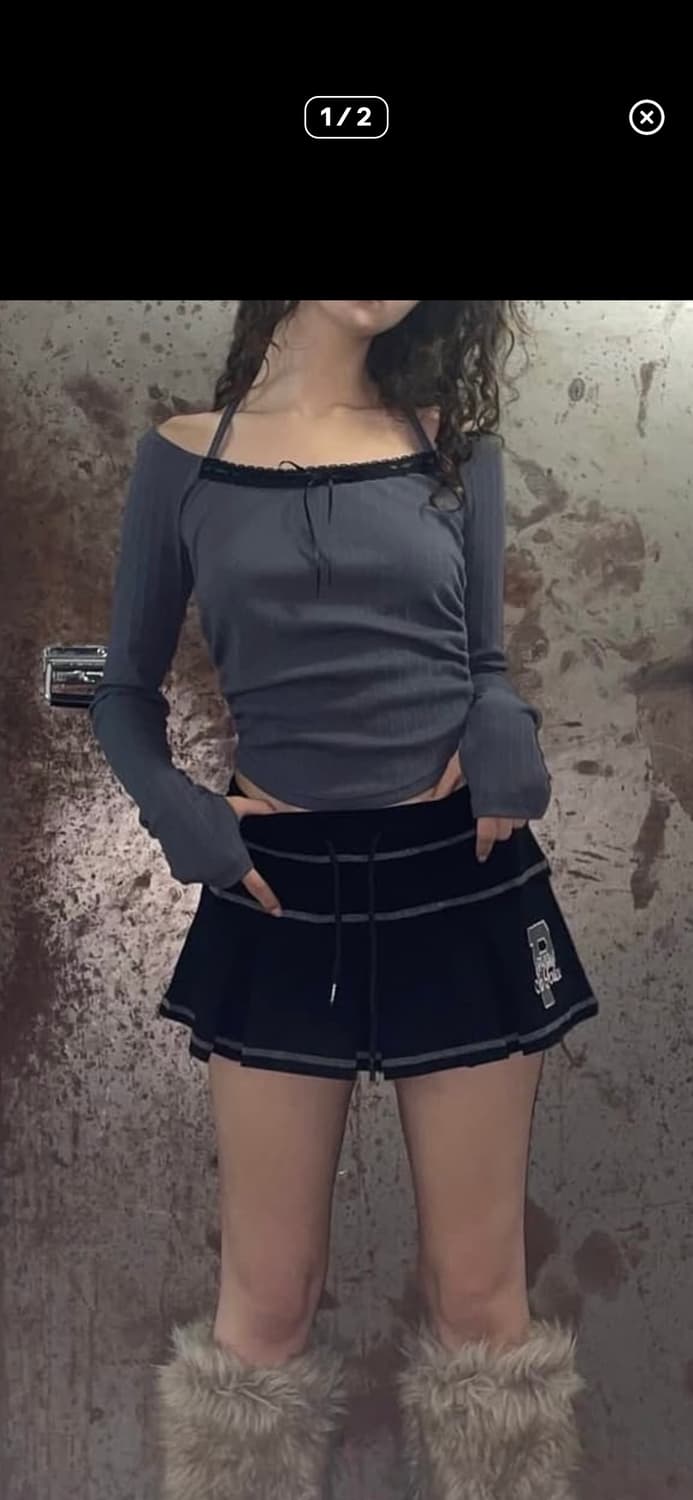 플리즈노팔로우 주니 레이스 셔링 홀터탑 차콜 상품이미지1