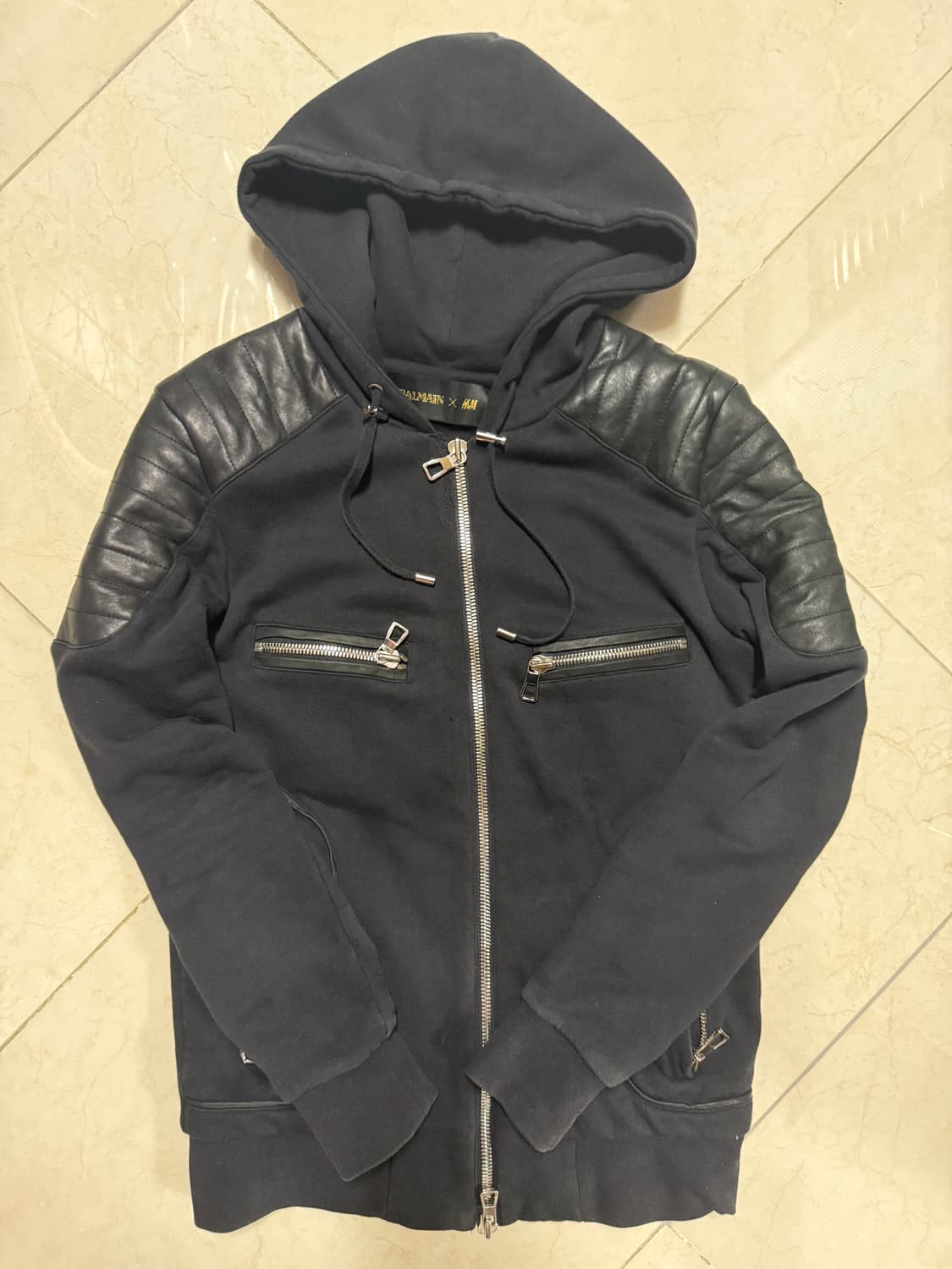 (교환) 발망 x H&M 15AW 레더 패널 바이커 후드집업 상품이미지1