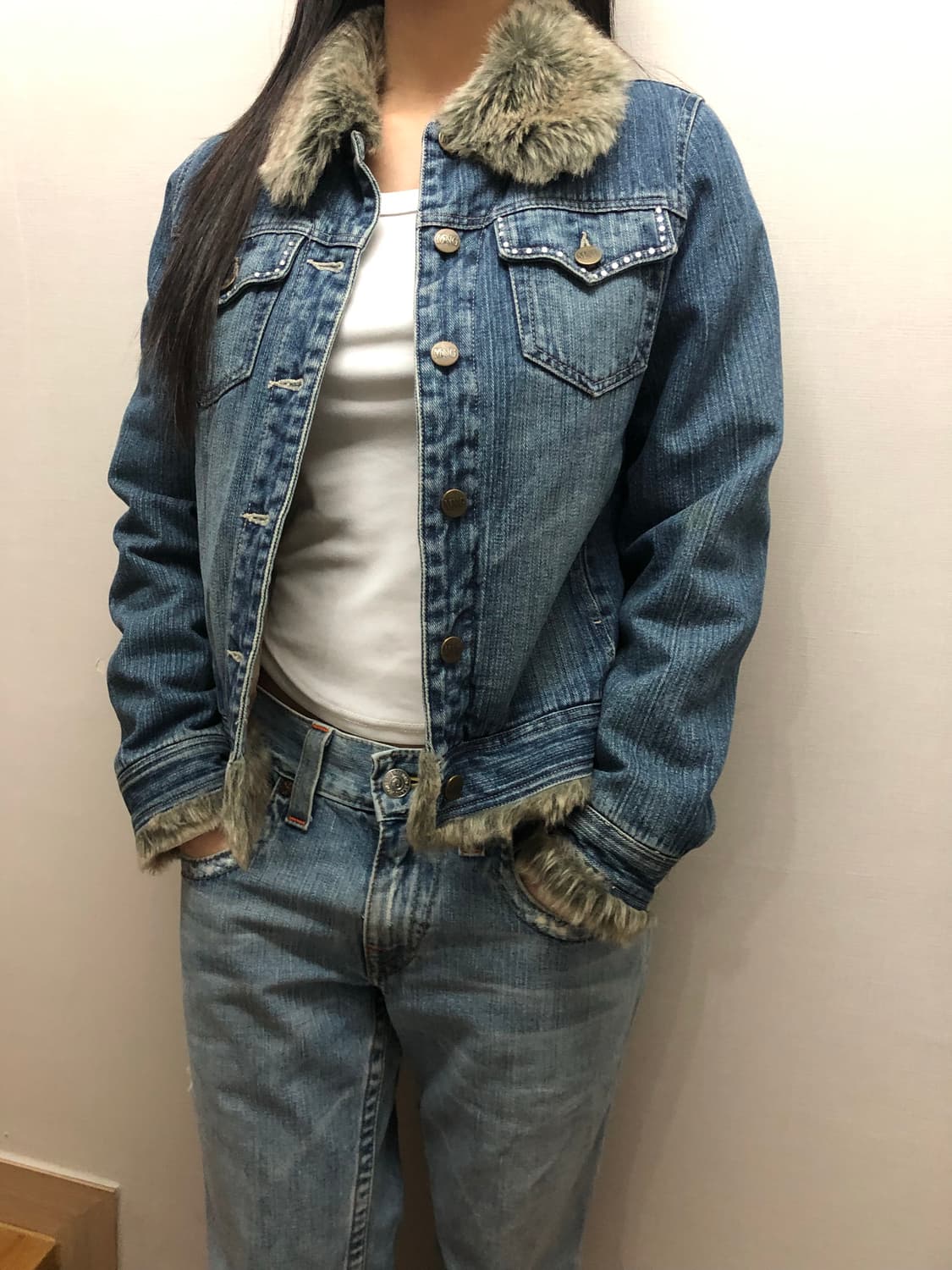 빈티지 데님 큐빅 퍼 자켓 상품이미지3