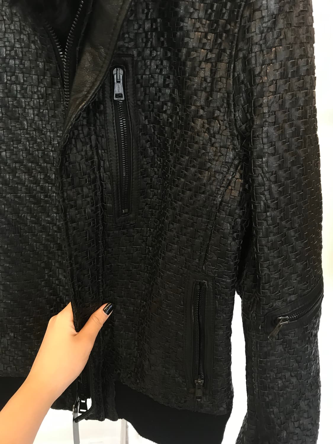 Woven Fur-Collar Leather Moto Jacket 상품이미지8