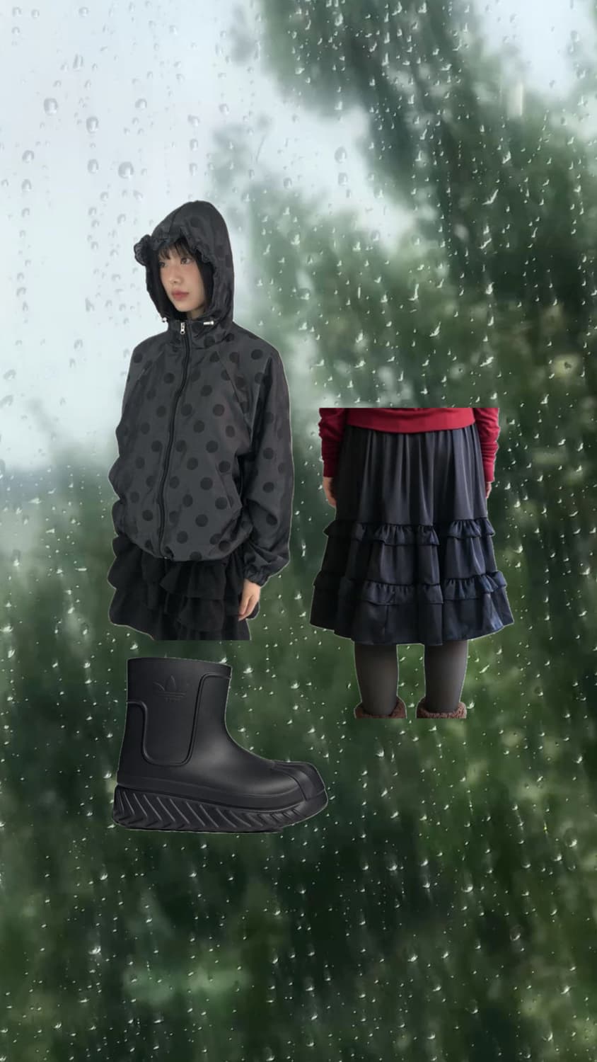 올블랙 장마코디 레인부츠코디 도트프릴바람막이 스커트 세트 상품이미지1