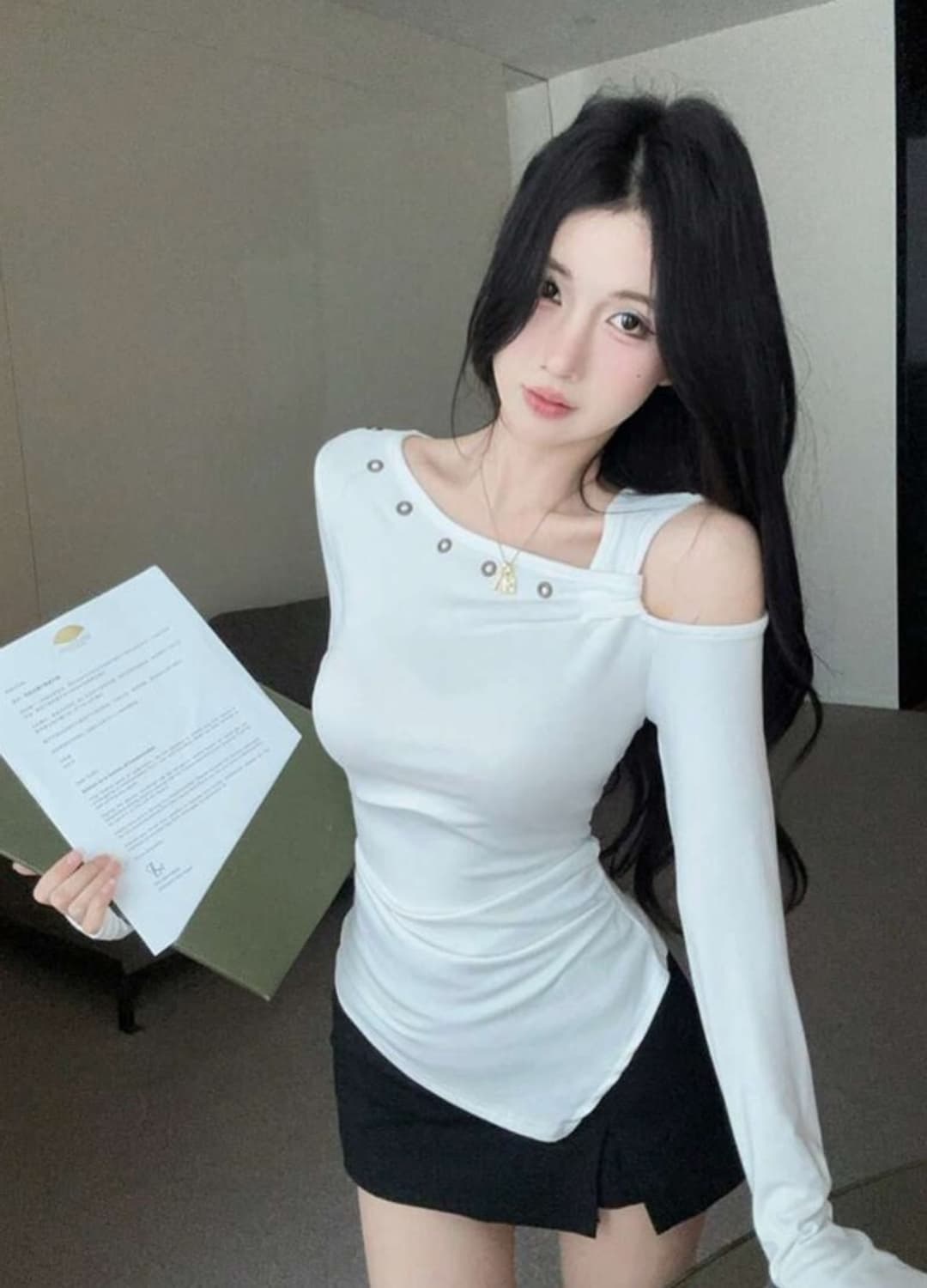 쉬인 비대칭 원숄더 긴소매 티셔츠 상품이미지2