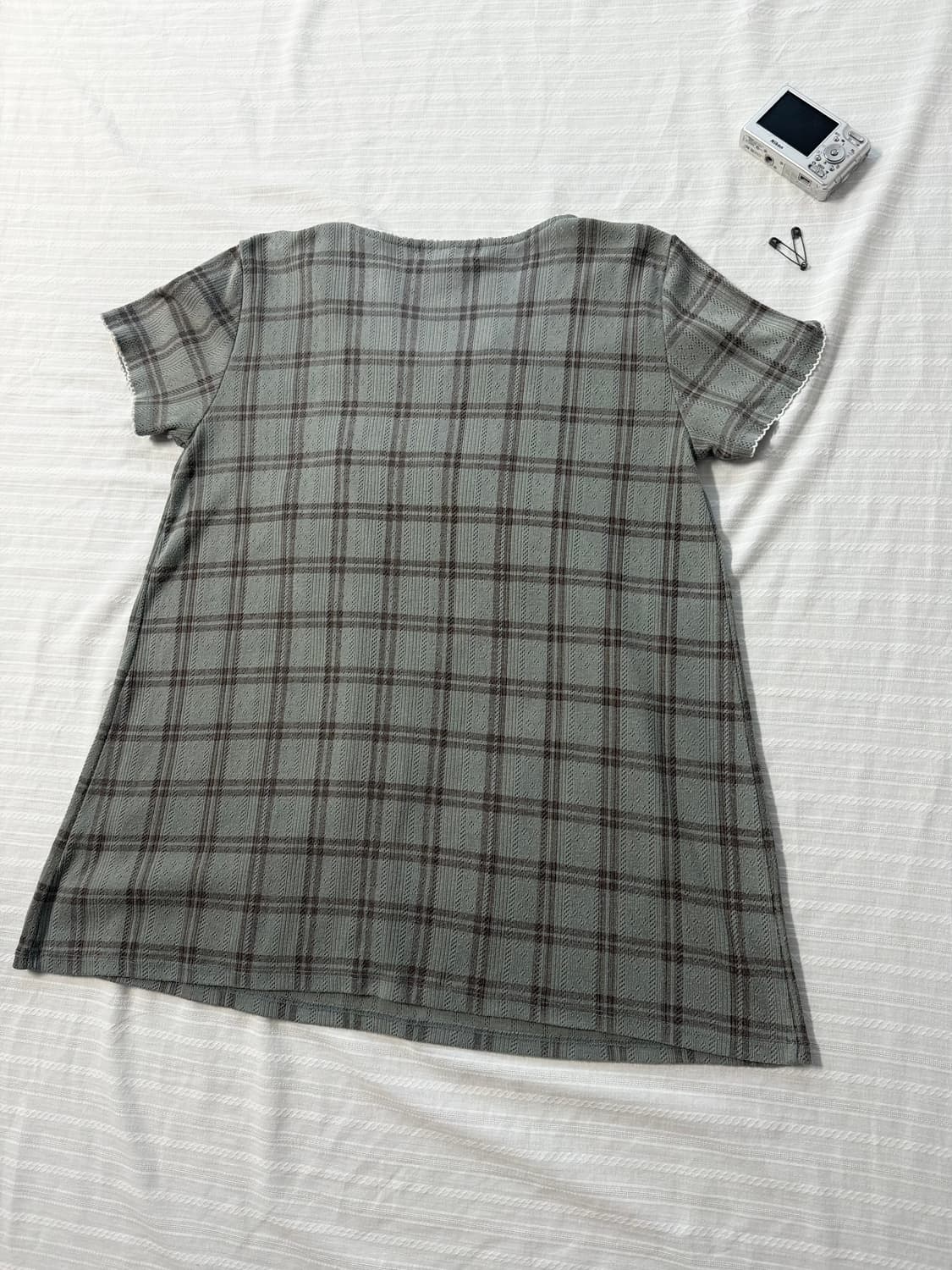 레이스 넥 펀칭 체크 패턴 민트 브라운 블라우스 스커트 2pcs SET 상품이미지8