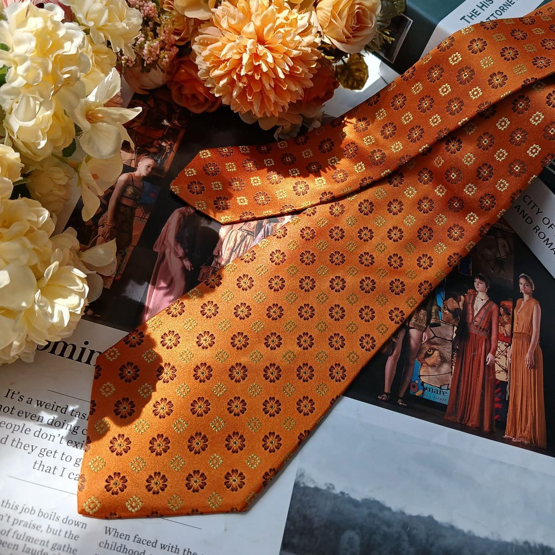 키톤 실크 오렌지 플라워 자수 넥타이 9.5cm S~A+등급 e905 상품이미지4