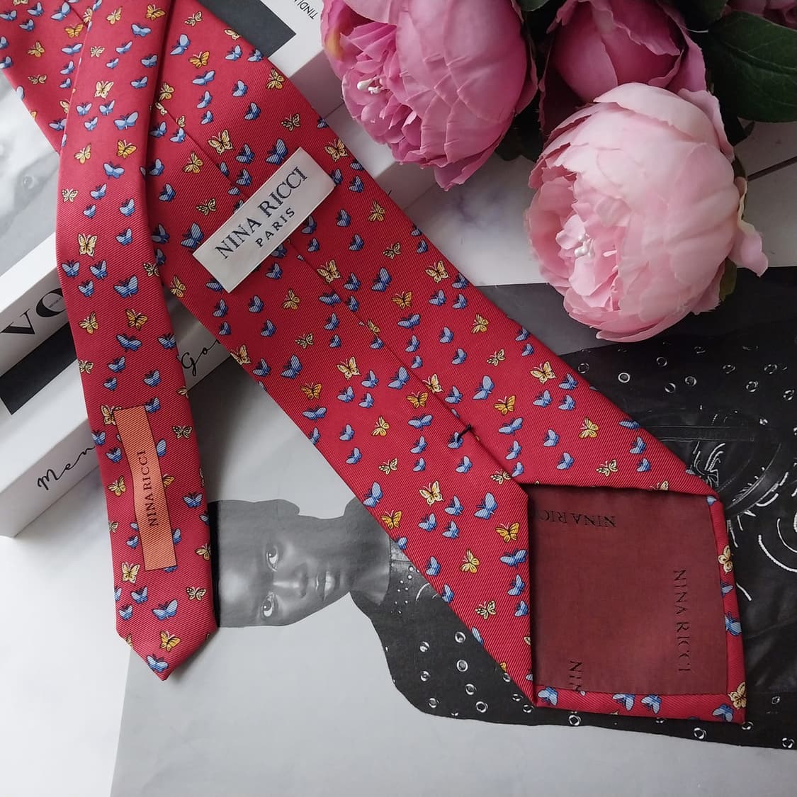 니나리치 실크 레드 나비 모티브 넥타이 9.6cm A+등급 K2677 상품이미지5