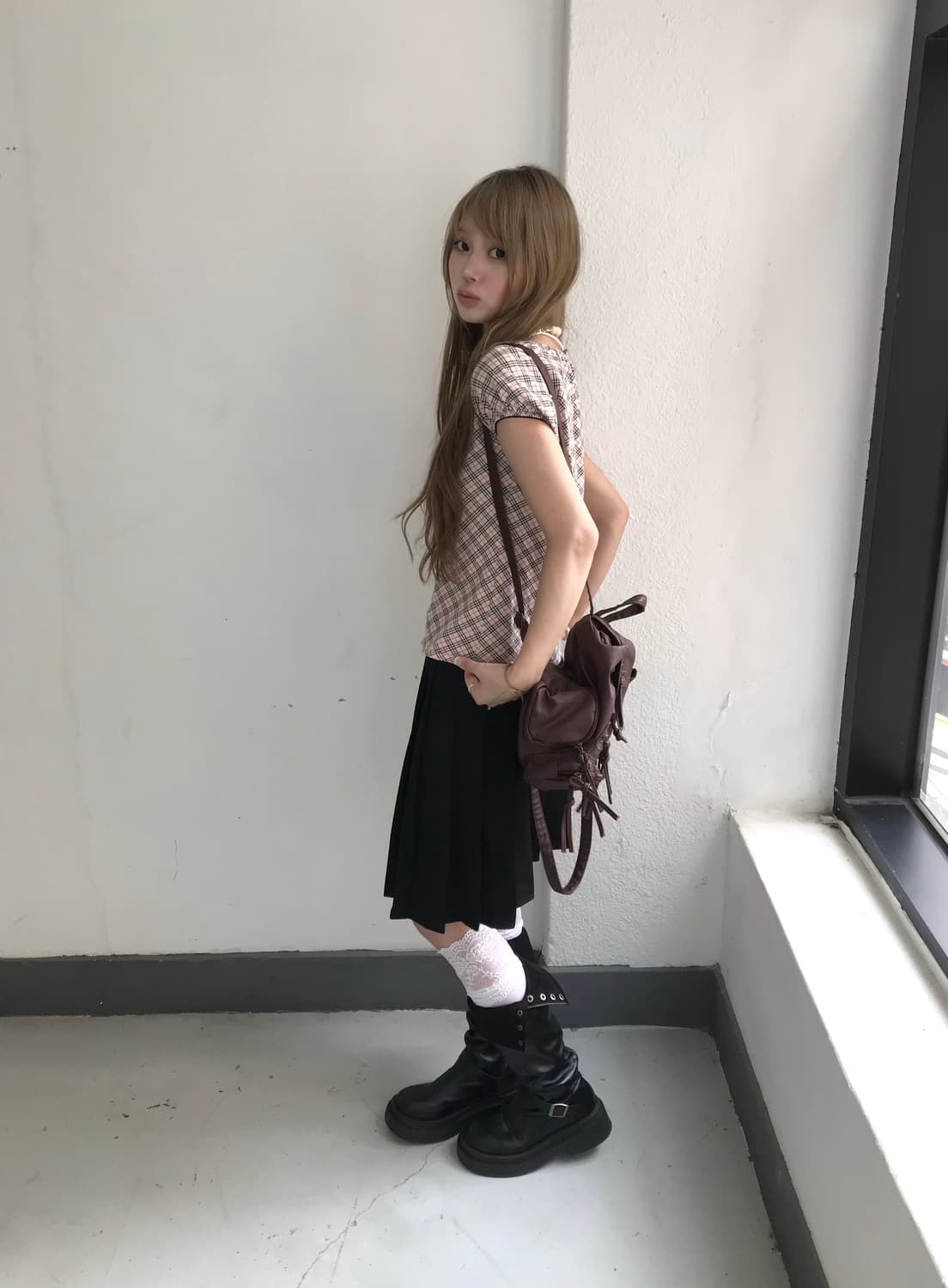버버리 핑크 체크 퍼프 데일리 프레피 코디세트 상품이미지2