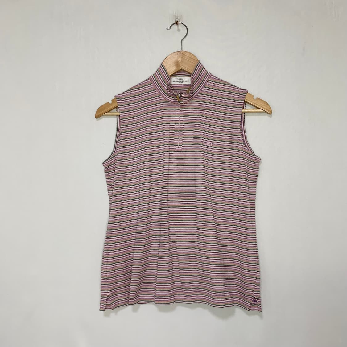 발렌시아가 y2k 모크넥 스트라이프 반집업 슬리브리스 나시탑 빈티지 핑크 상품이미지1
