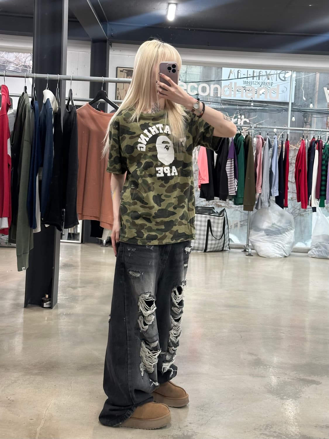 베이프 카모 컬리지 반팔 티셔츠 그린 상품이미지2