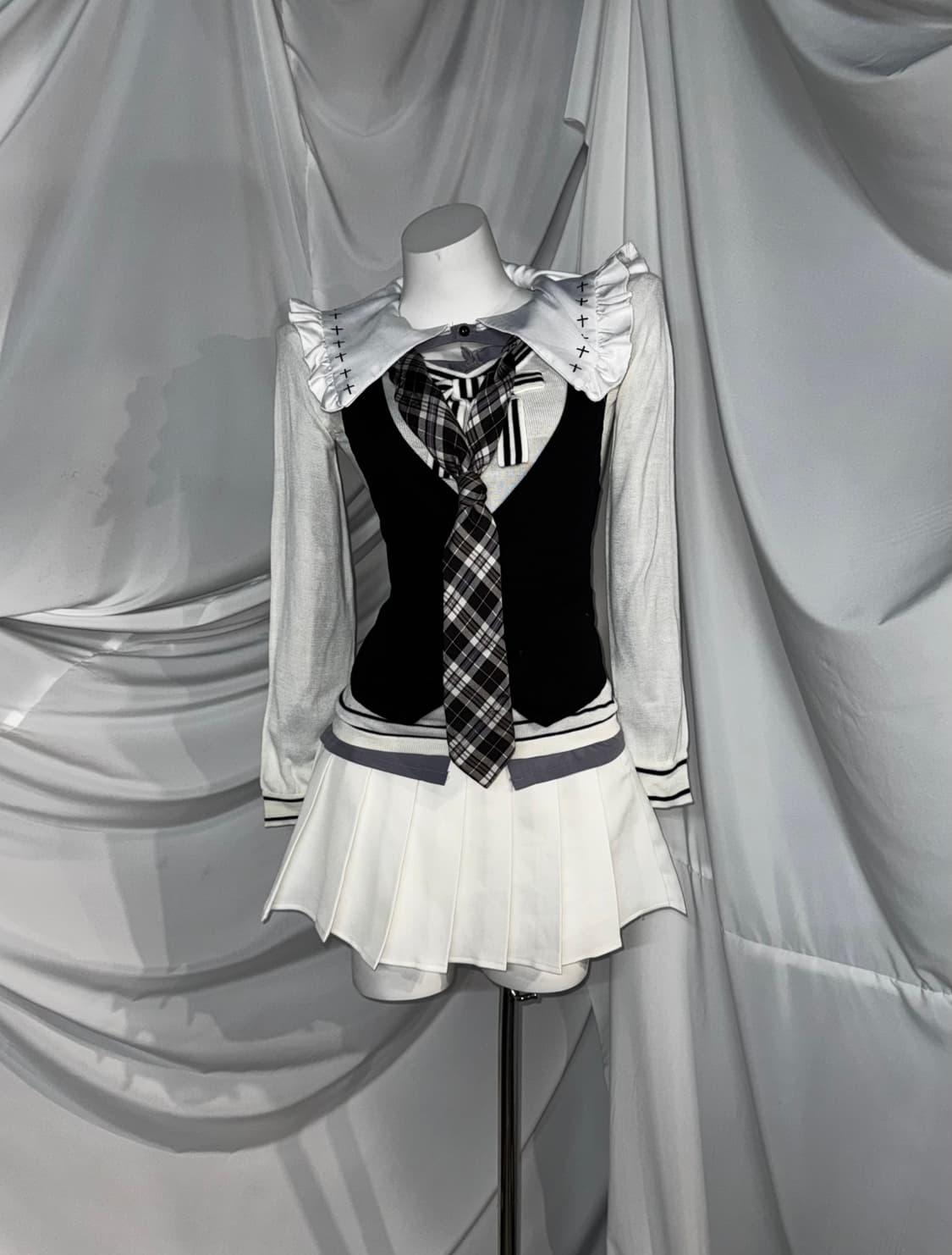 슈가슈가룬깔 화이트 십자가 세일러 체크 프레피 코디세트  상품이미지8