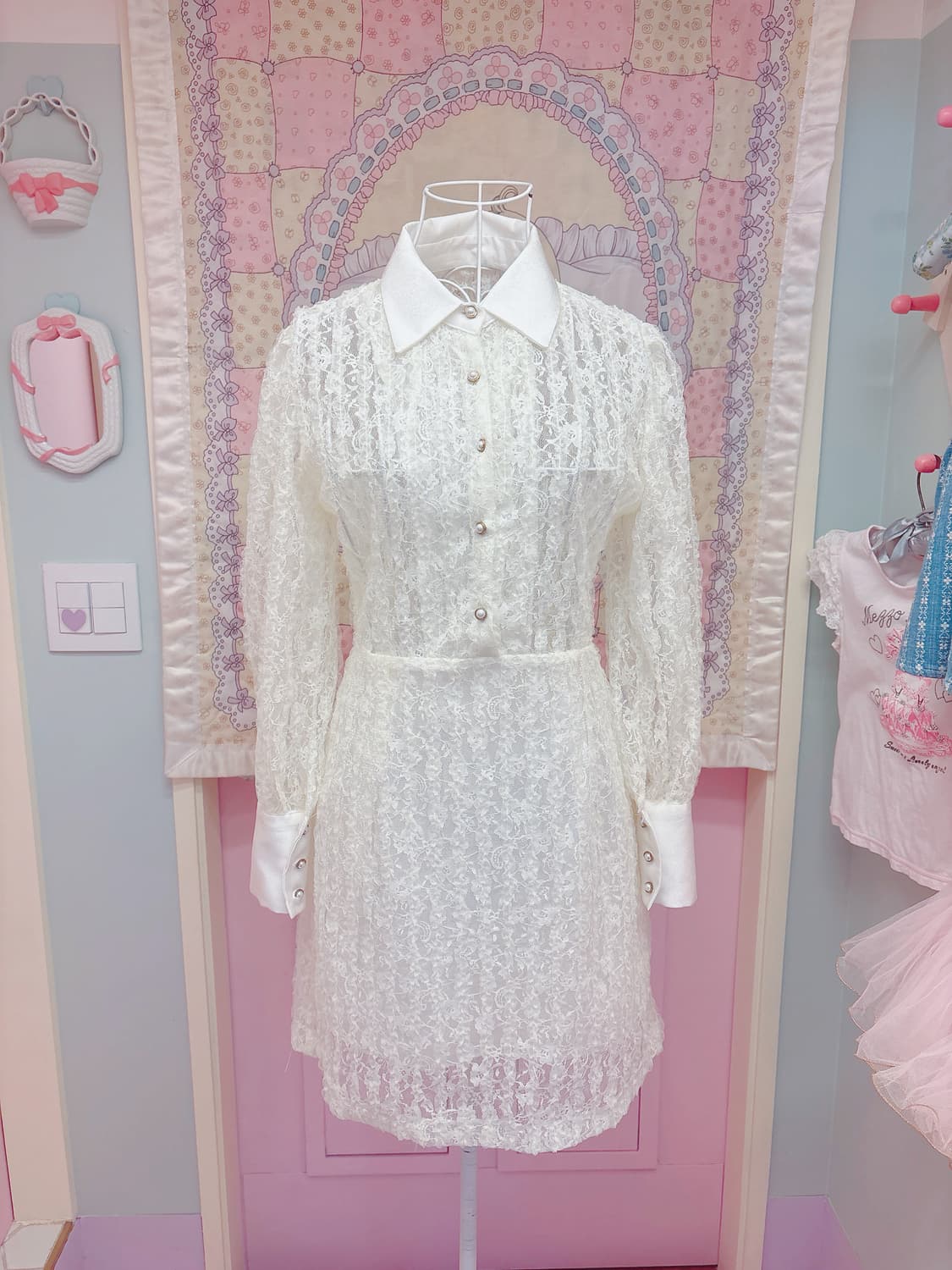 화이트 레이스 셔츠 카라 미니 원피스 상품이미지1