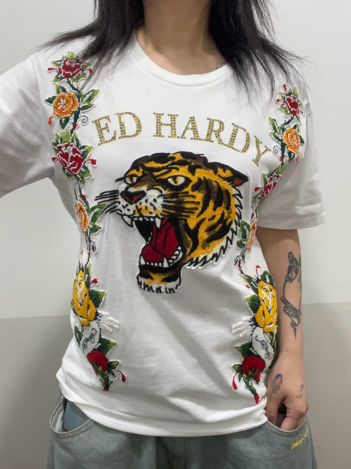 Ed Hardy 에드하디 자수패치 타이거 장미 아트워크 반팔 티셔츠 상품이미지1