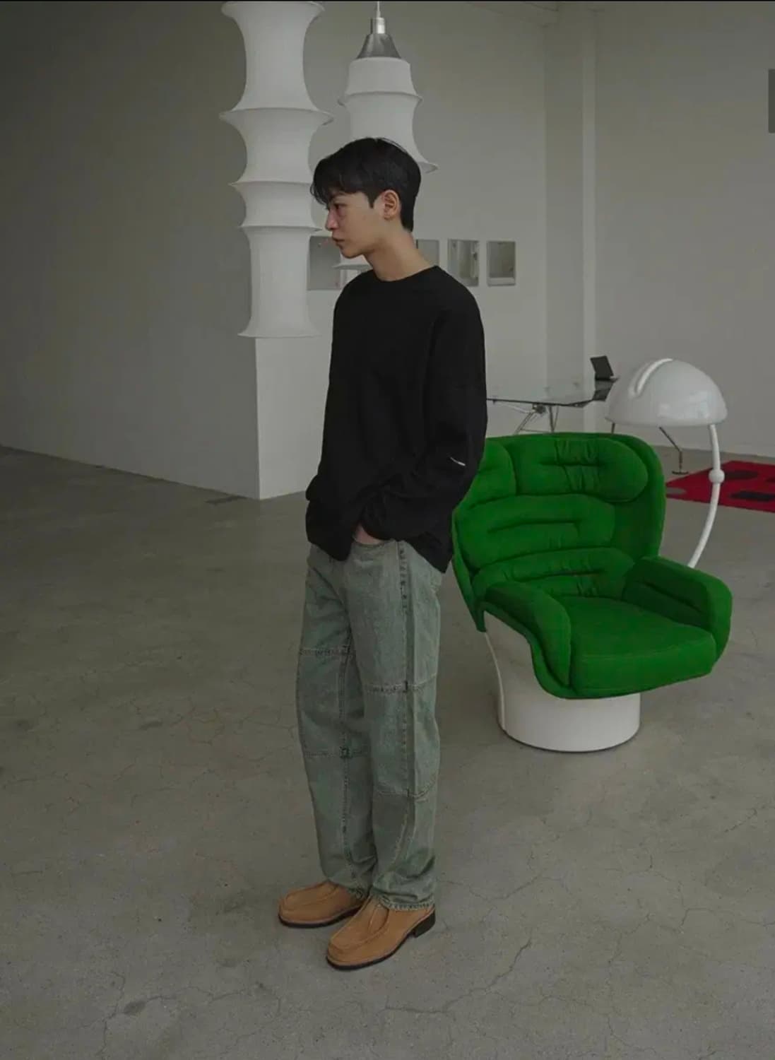 시도 무릎 스티치 디테일 워시드 그린 데님 2 상품이미지3