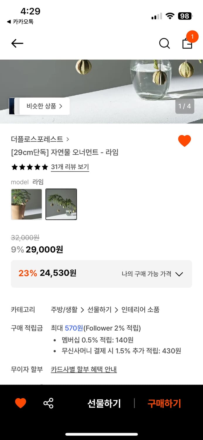 더플로스포레스트 자연물 오너먼트 - 라임 상품이미지1