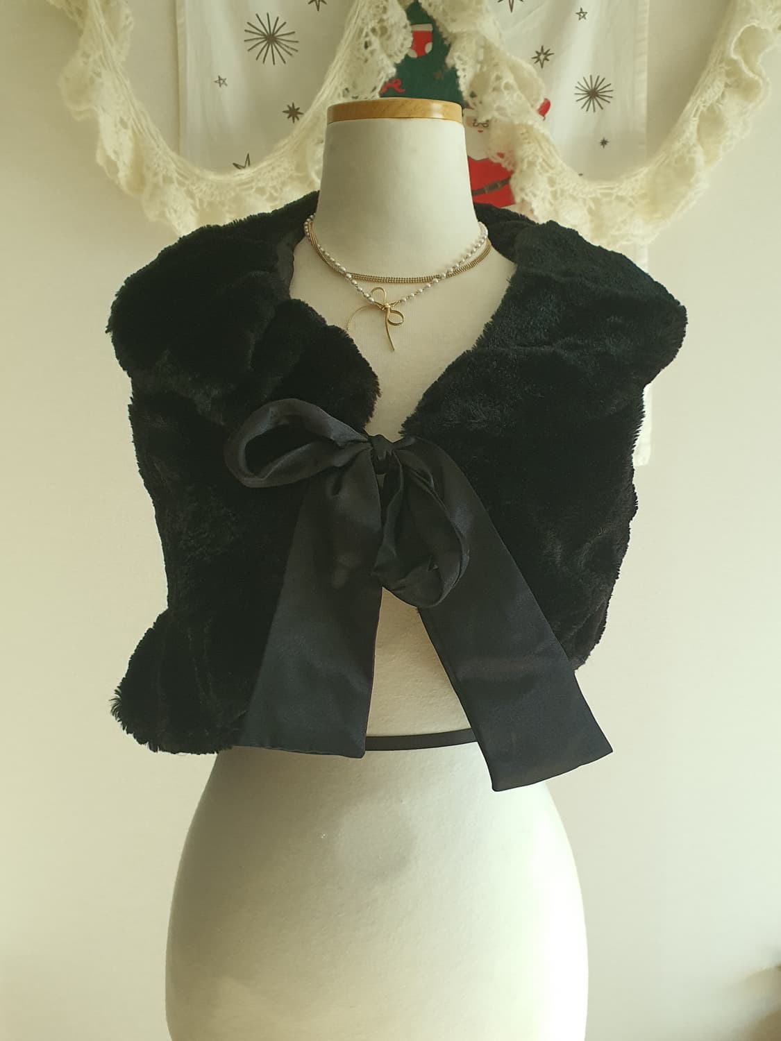 [빈티지] 블랙 퍼 볼레로 리본 장식 상품이미지1