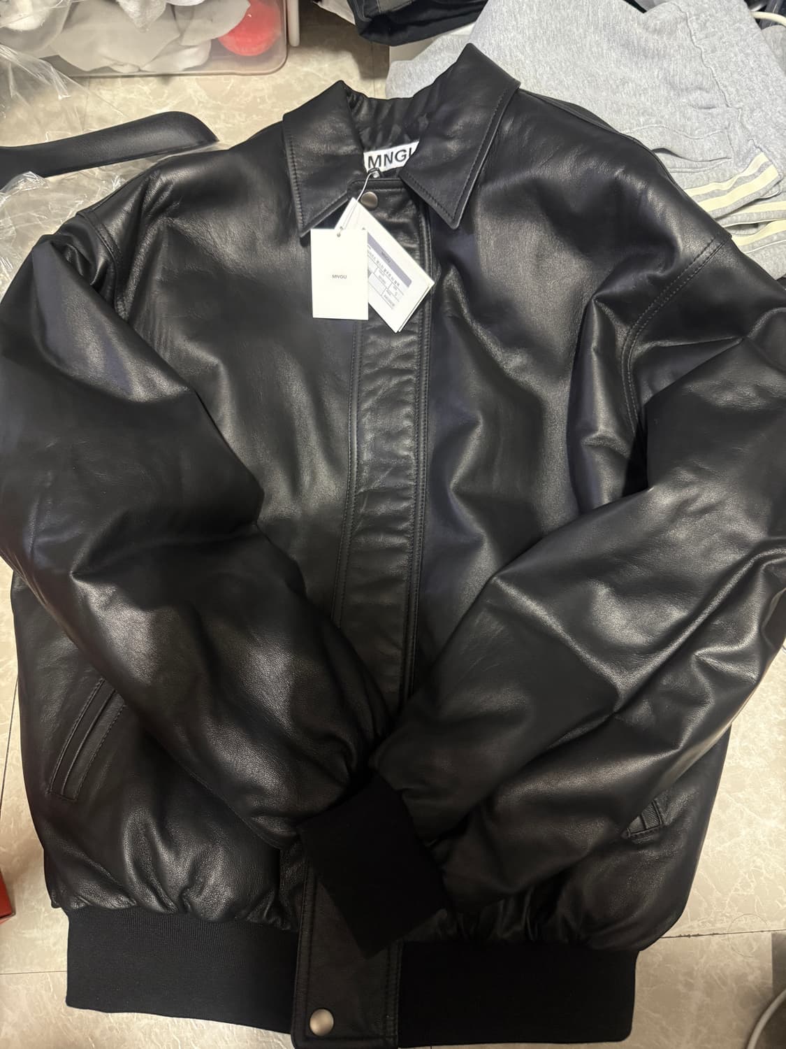 S사이즈 MNGU 오버사이즈 램스킨 블루종 블랙 레더 상품이미지1