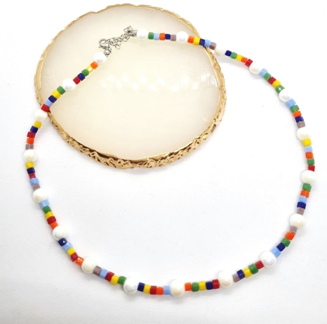 핸드메이드 .새제품) 레인보우 비즈 & 아크릴진주 목걸이 상품이미지2