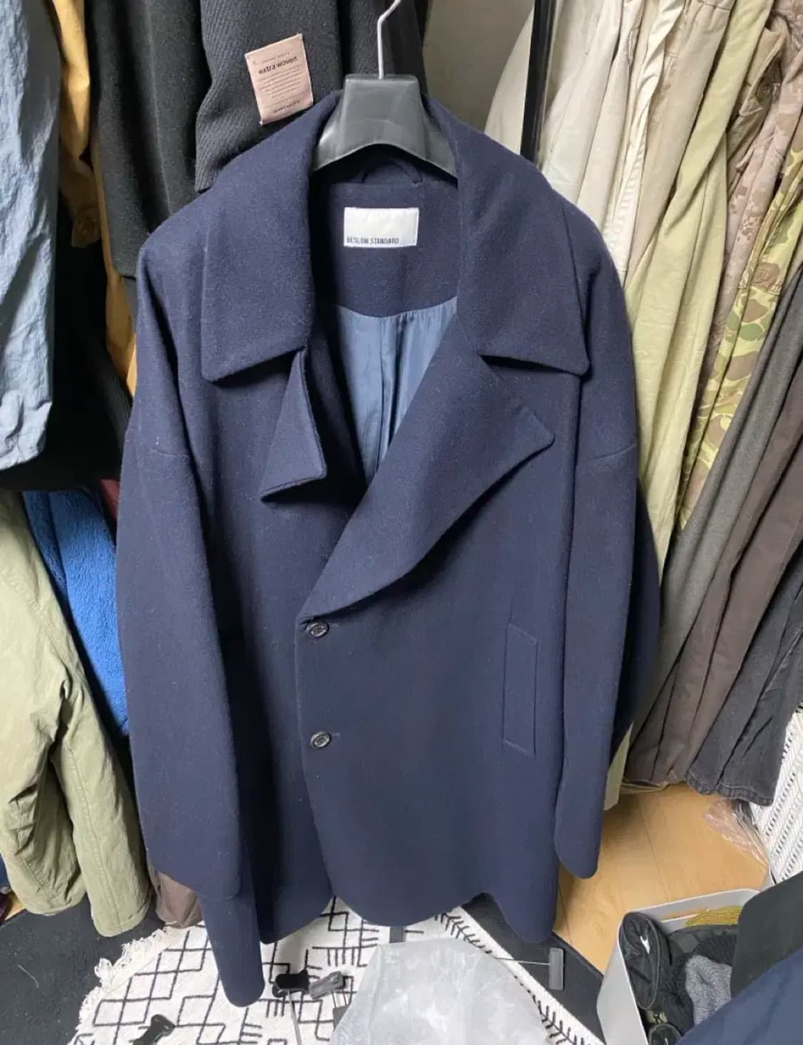 비슬로우 스탠다드 네이비 와이드 카라 더블 코트 L 상품이미지1