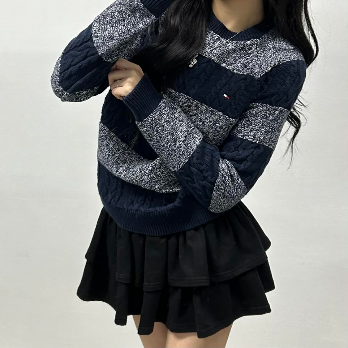 타미힐피거 스트라이프 케이블 걸즈 크루넥 니트(XS) 상품이미지1