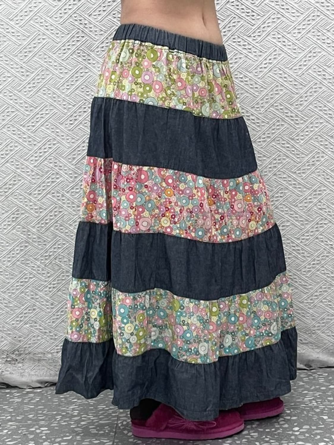 빈티지 모리걸 보헤미안 플라워 패치워크 롱스커트 26인치 C07904 상품이미지1