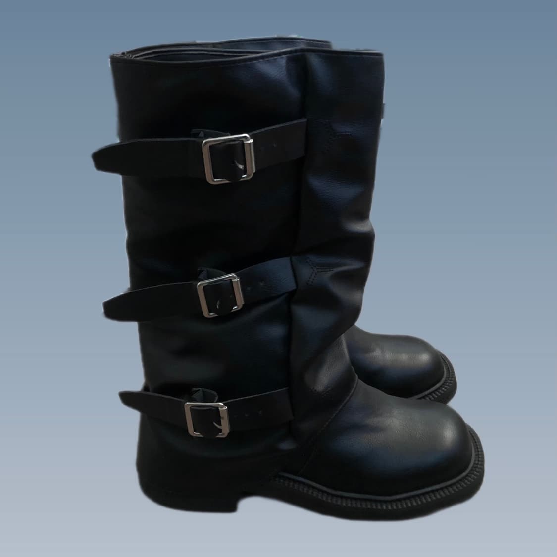 새상품)블랙 레더 버클 스트랩 롱부츠 미들 부츠 225~230 상품이미지1